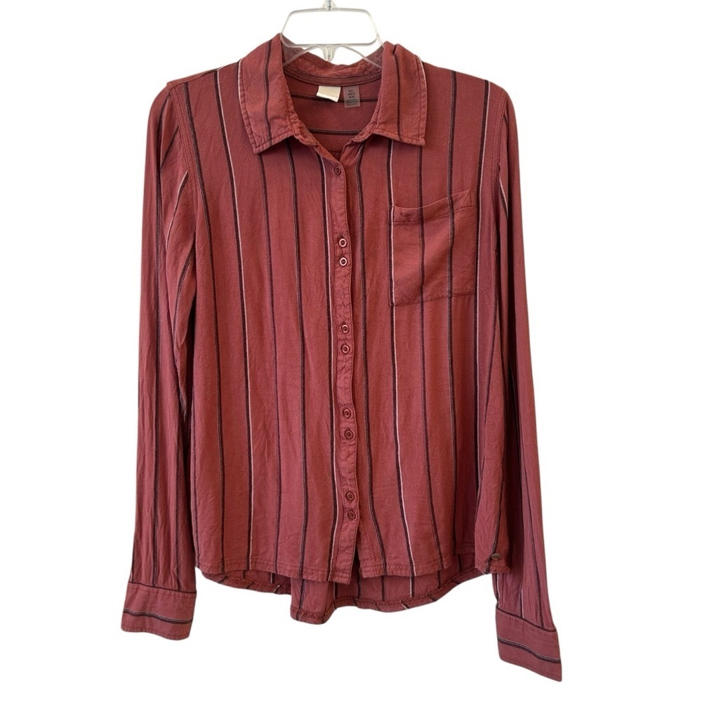 Roxy Junior's Concrete Streets Shirt Rose Maroon and Black Striped Shirt Large